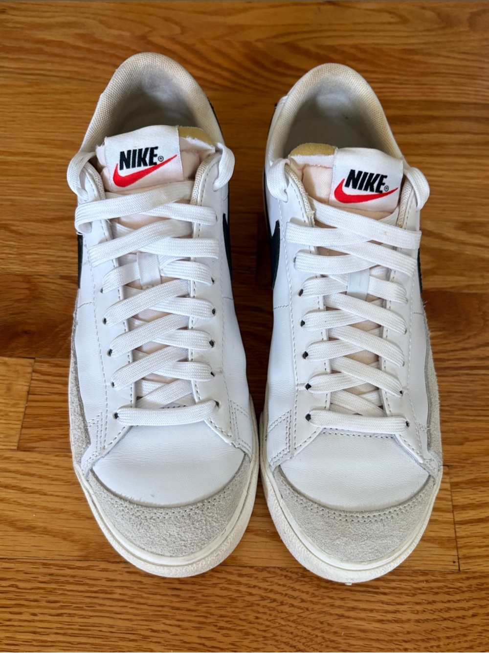 Nike Blazer Loe Cut White Platform Sneakers w Black Swoosh and Red Tongue Logo - Picture 2 of 14